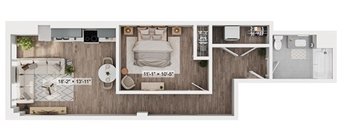 A floor plan of a bedroom with a bed, a toilet, a sink, and a bathtub.